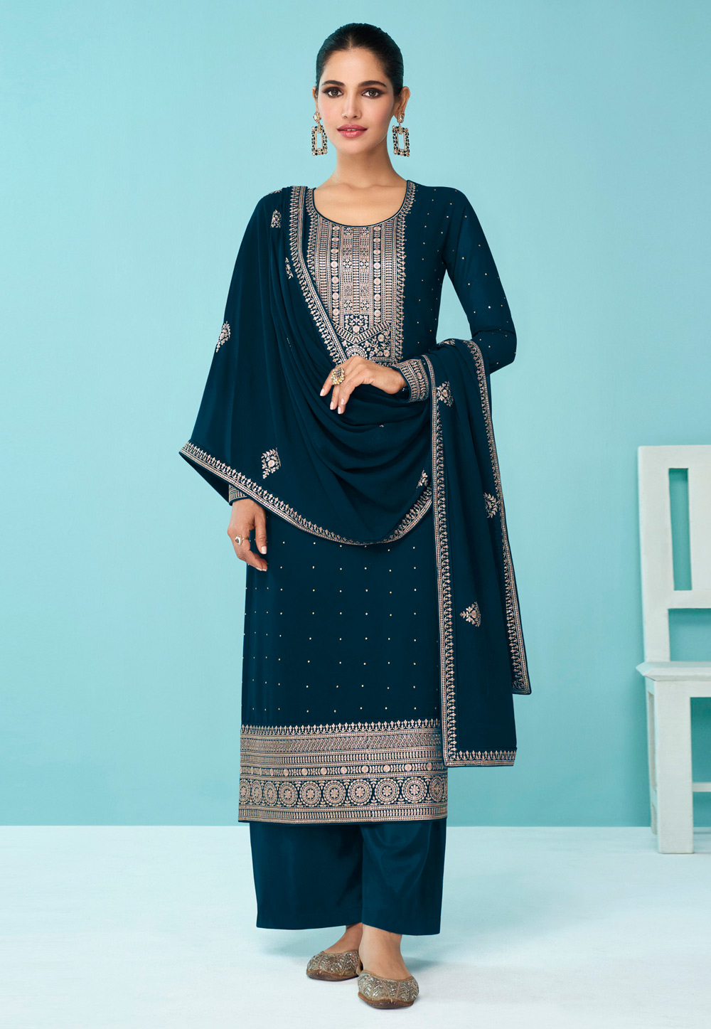 Teal Faux Georgette Palazzo Suit 256284