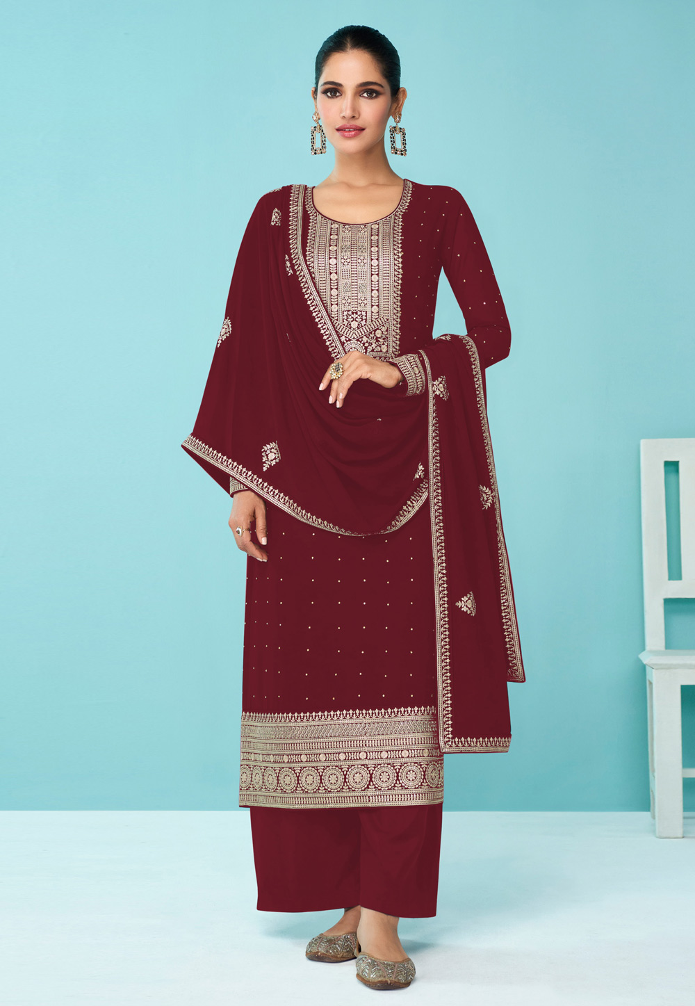 Maroon Faux Georgette Palazzo Suit 258261