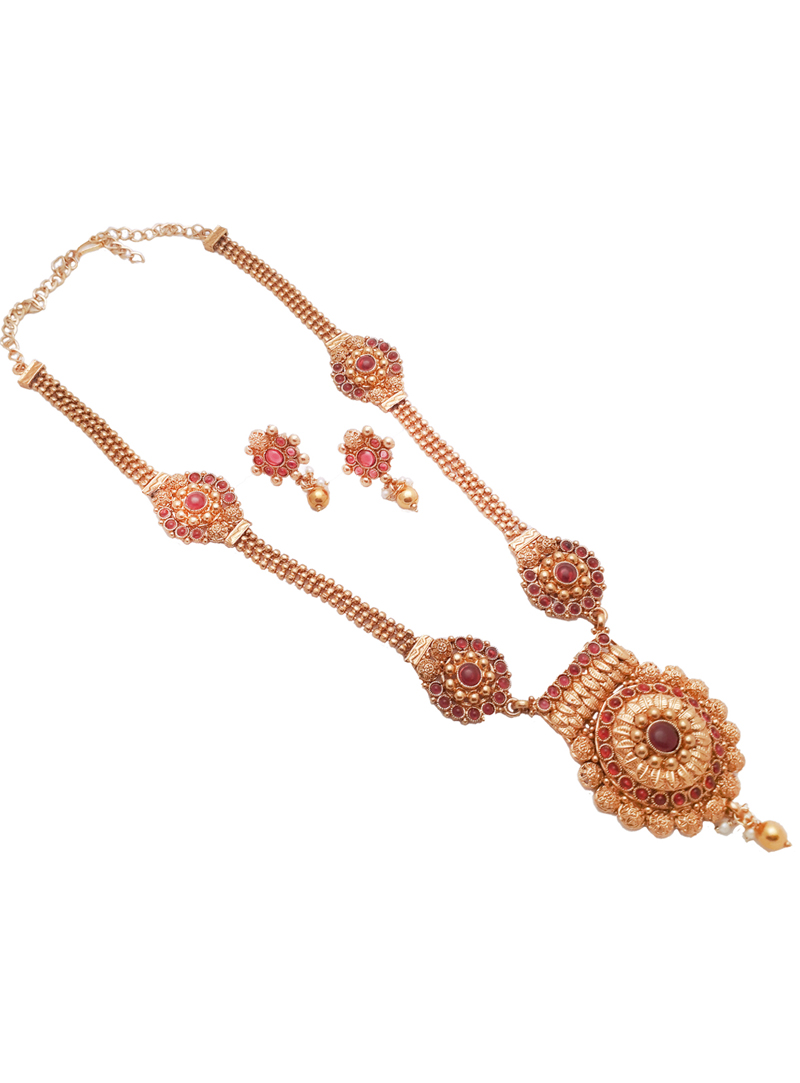 Pink Alloy Kundan Necklace With Earrings 148752