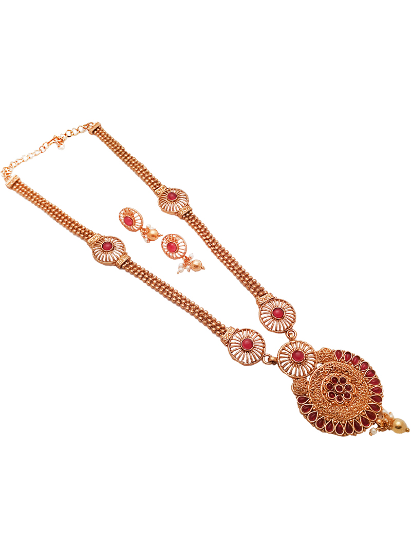 Red Alloy Kundan Necklace With Earrings 148755