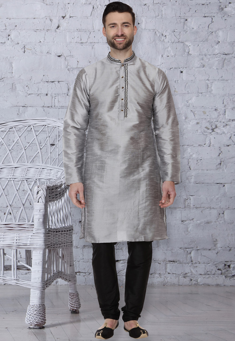 Grey Dupion Silk Readymade Kurta Pajama 160954