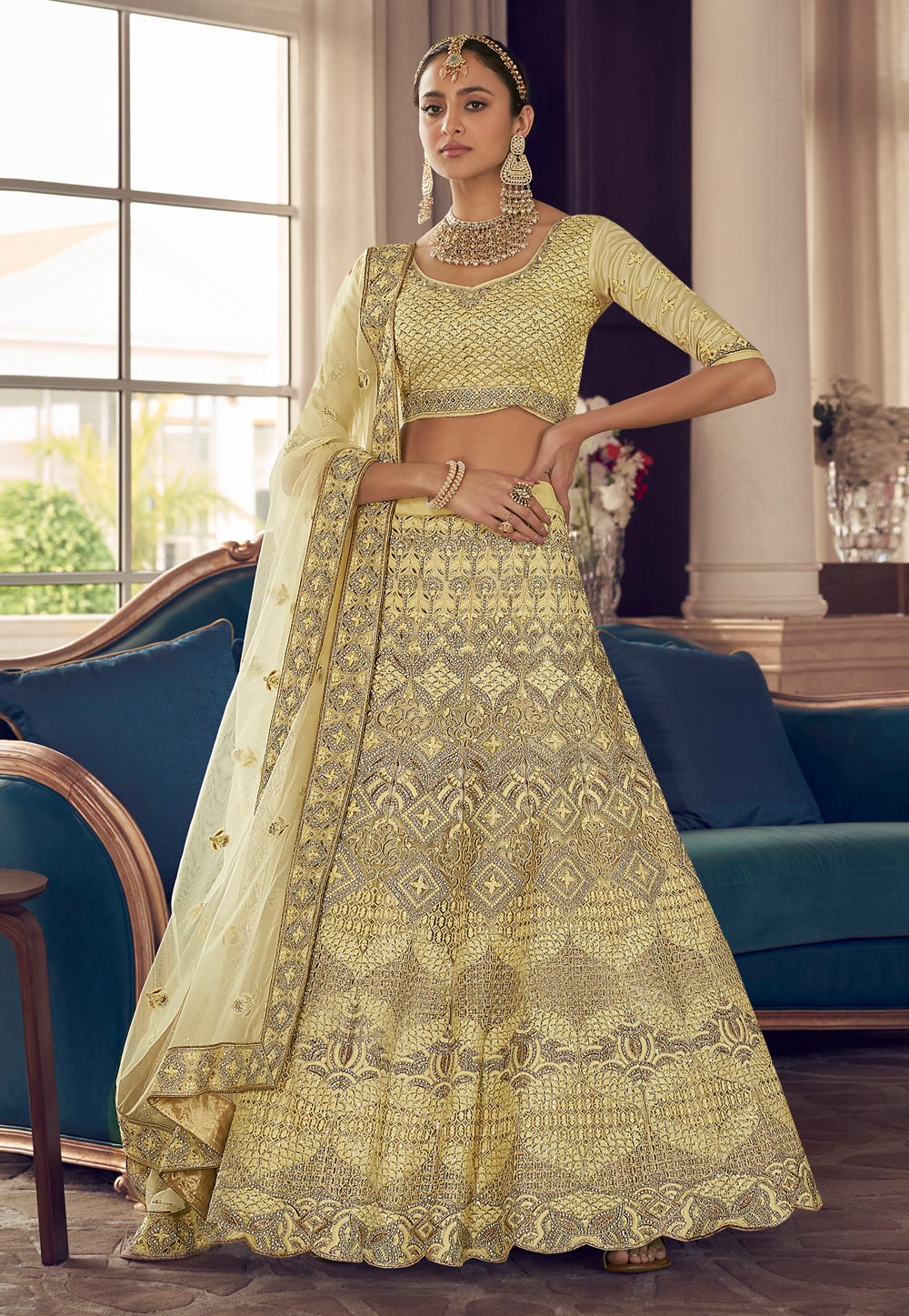 Yellow Crepe A Line Lehenga Choli 240848