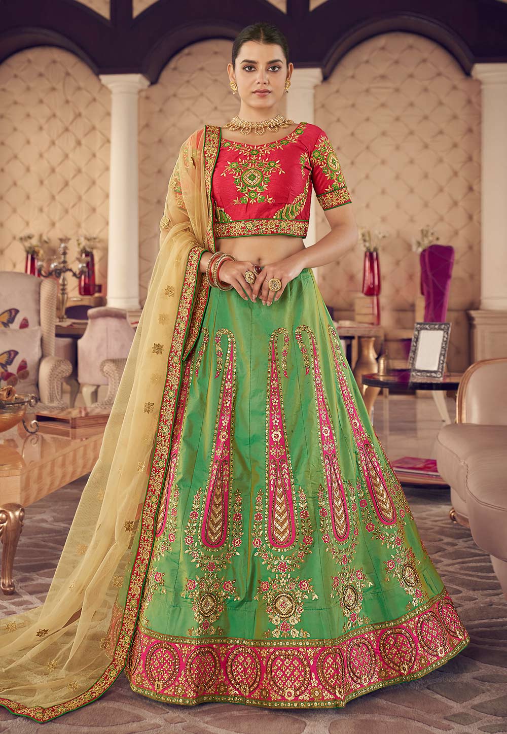 Light Green Jacquard Silk A Line Lehenga Choli 240849