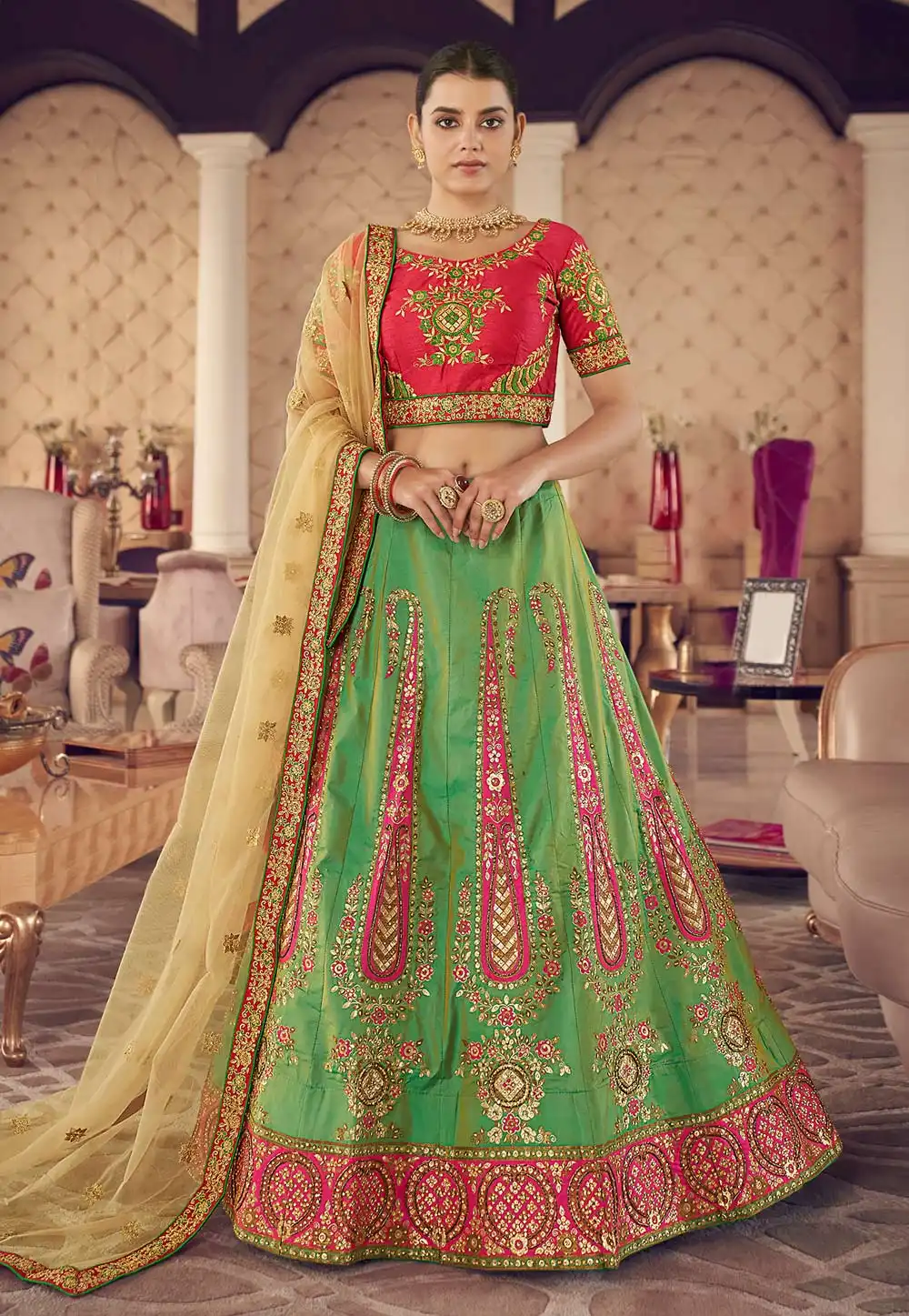 Light Green Jacquard Silk A Line Lehenga Choli 240849
