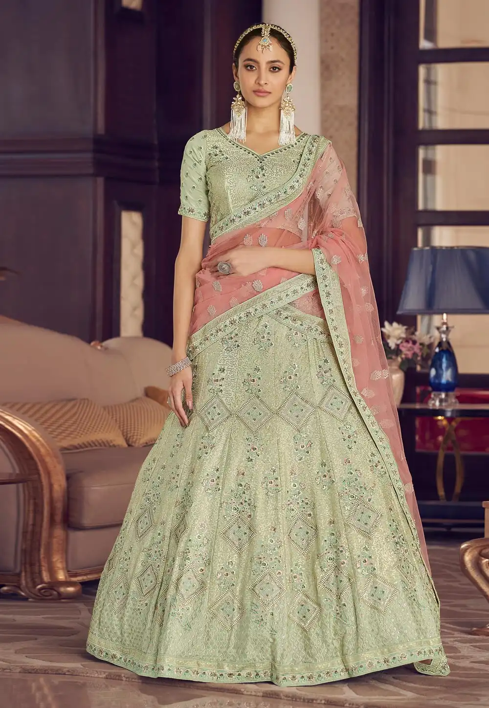 Pista Green Crepe A Line Lehenga Choli 240850