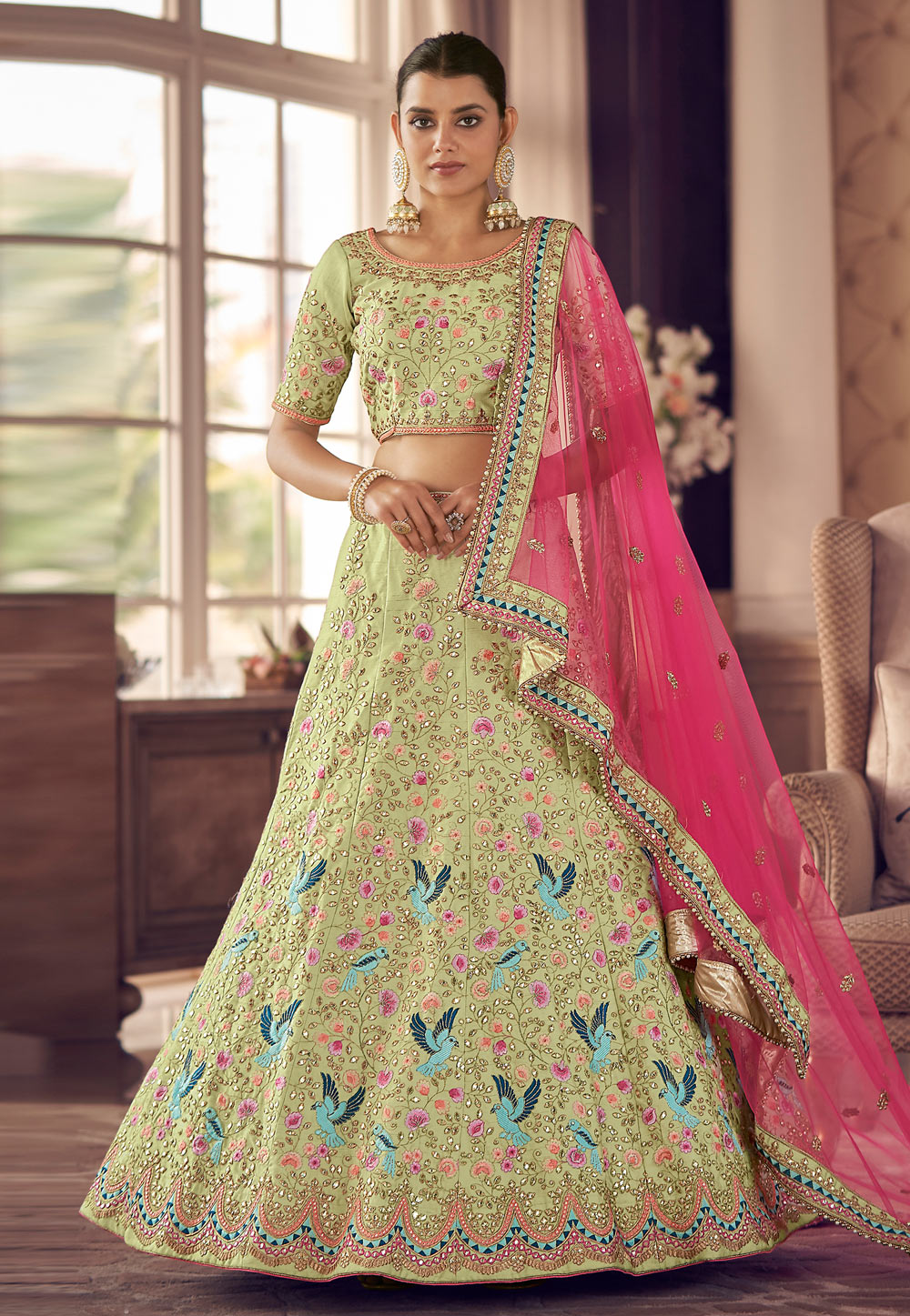 Pista Green Art Silk A Line Lehenga Choli 240851