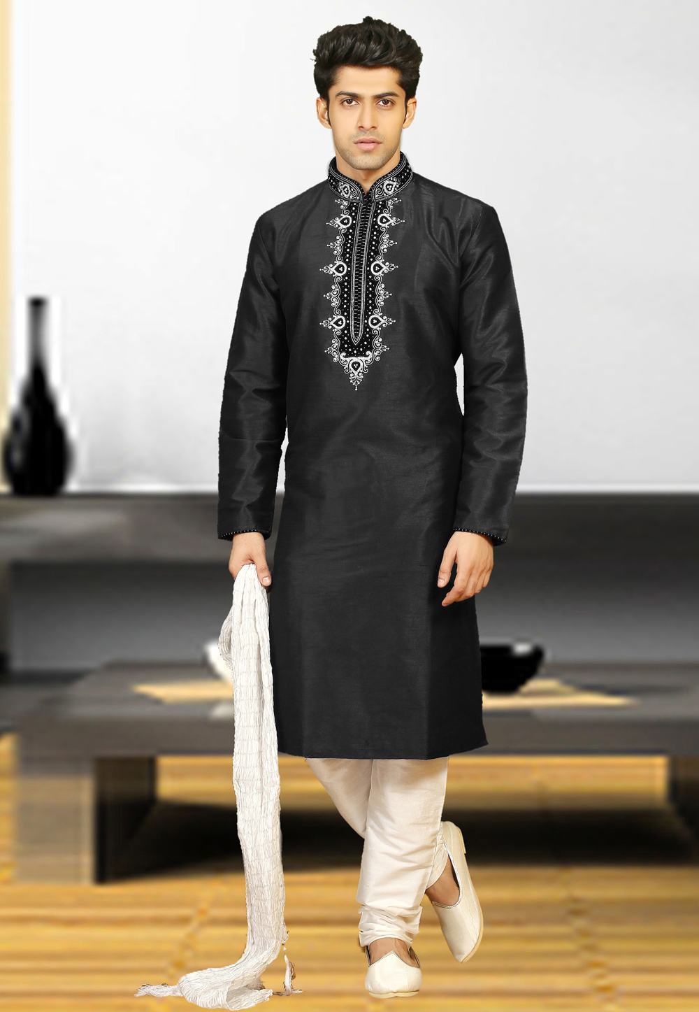 Black Dupion Silk Readymade Kurta Pajama 205879
