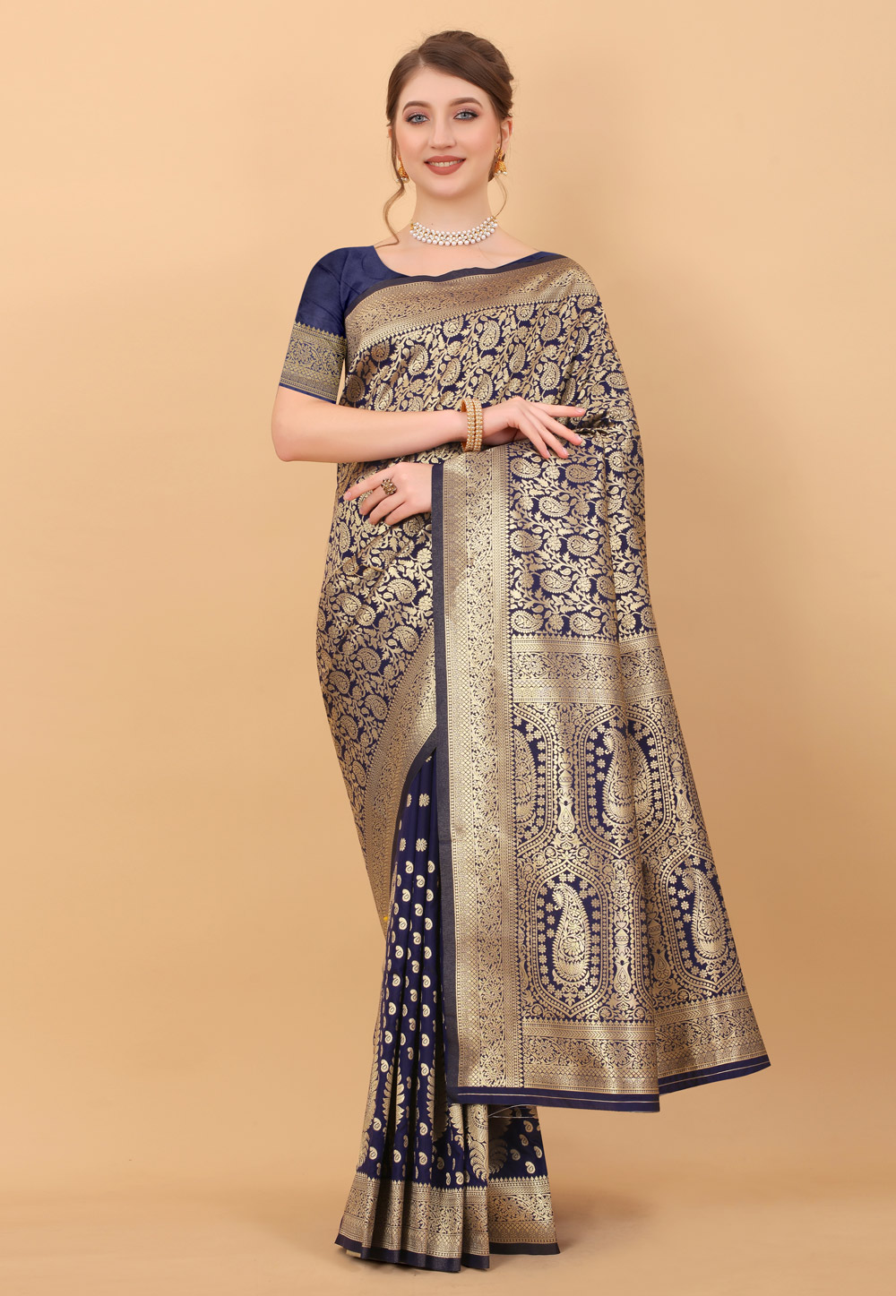 Navy Blue Silk Saree With Blouse 244520