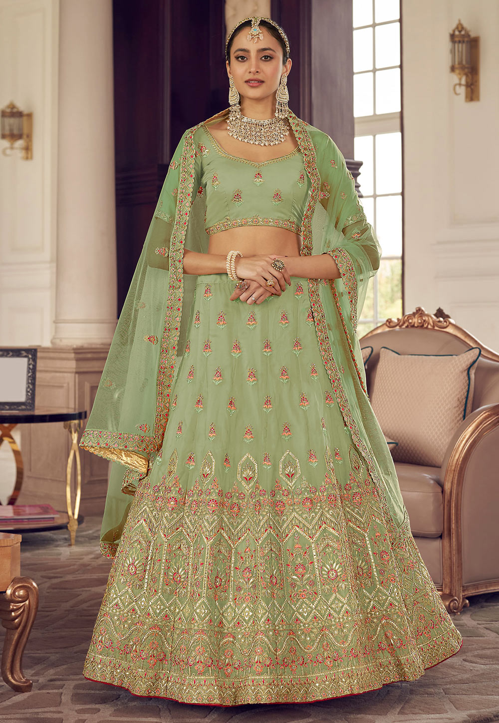 Light Green Organza A Line Lehenga Choli 241917