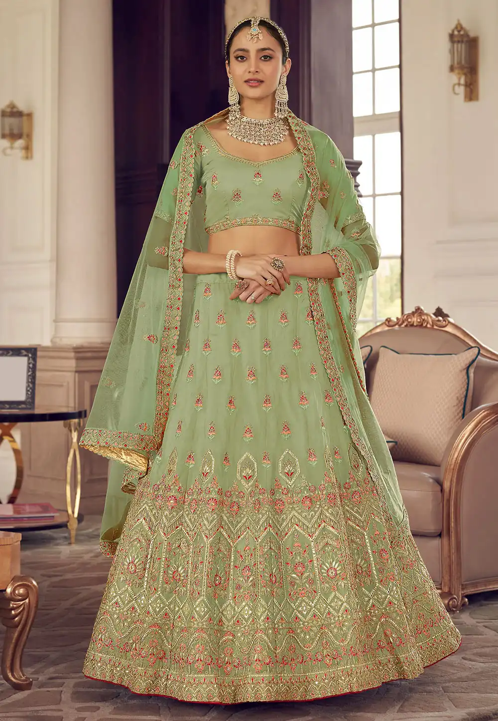 Light Green Organza A Line Lehenga Choli 241917