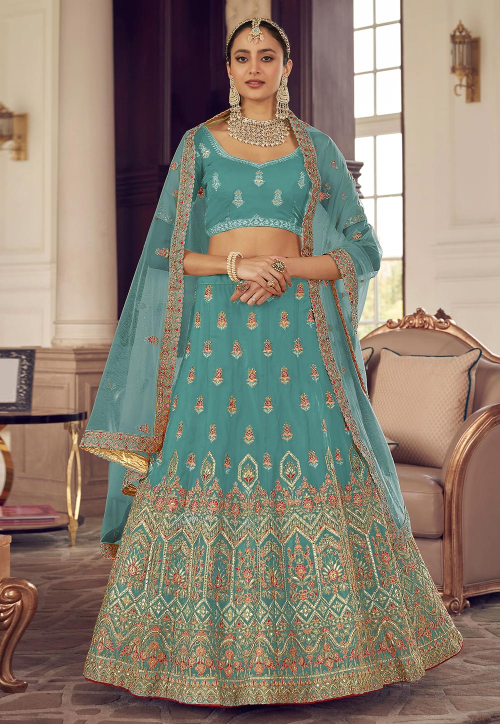 Turquoise Organza A Line Lehenga Choli 241918