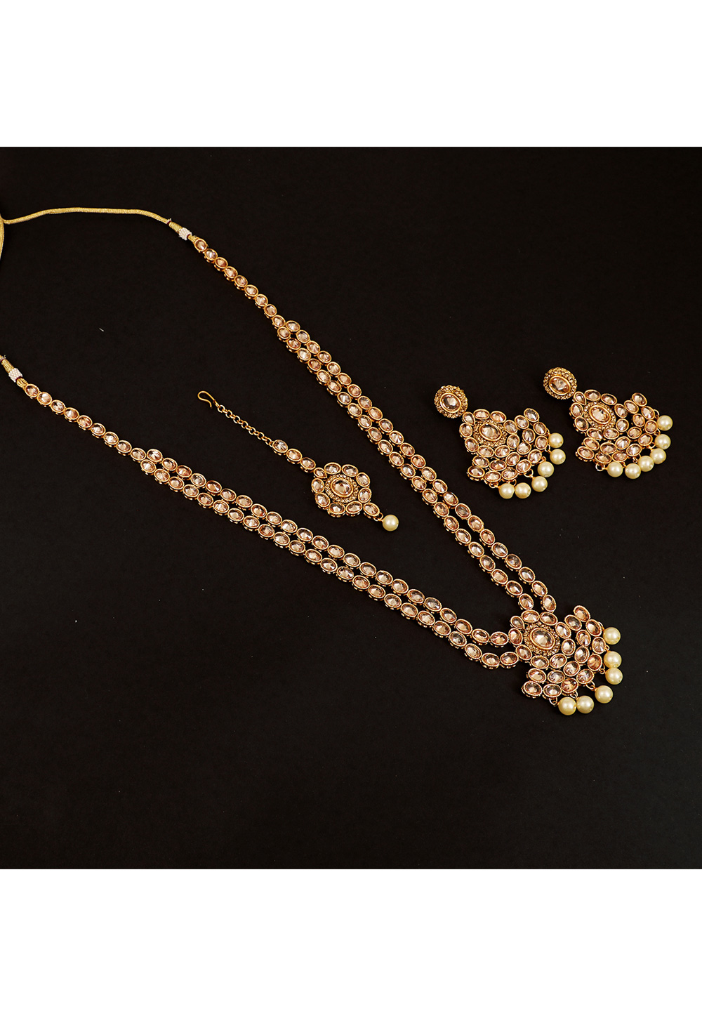 Golden Brass Pearl Set With Earrings and Maang Tikka 161176