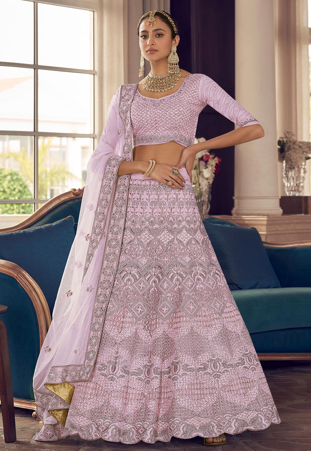 Pink Crepe A Line Lehenga Choli 241919