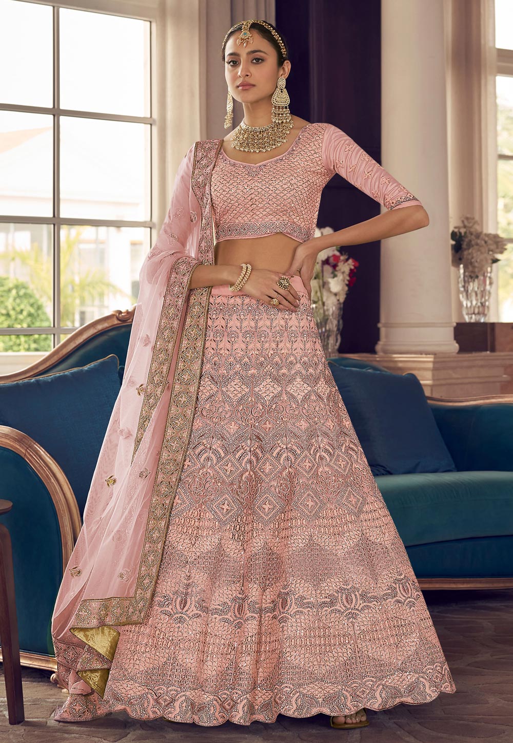 Peach Crepe A Line Lehenga Choli 241920