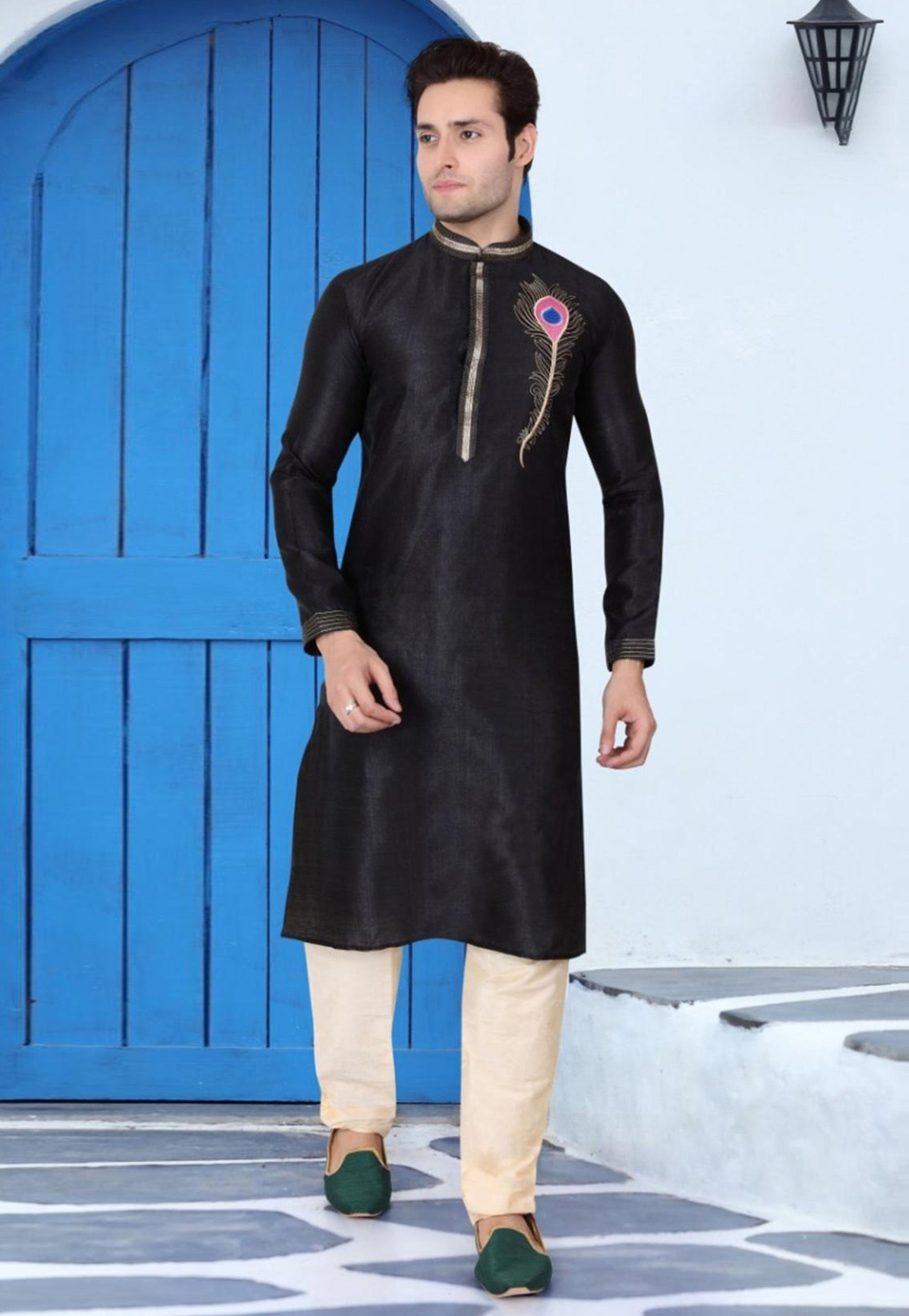 Black Dupion Silk Readymade Kurta Pajama 205880
