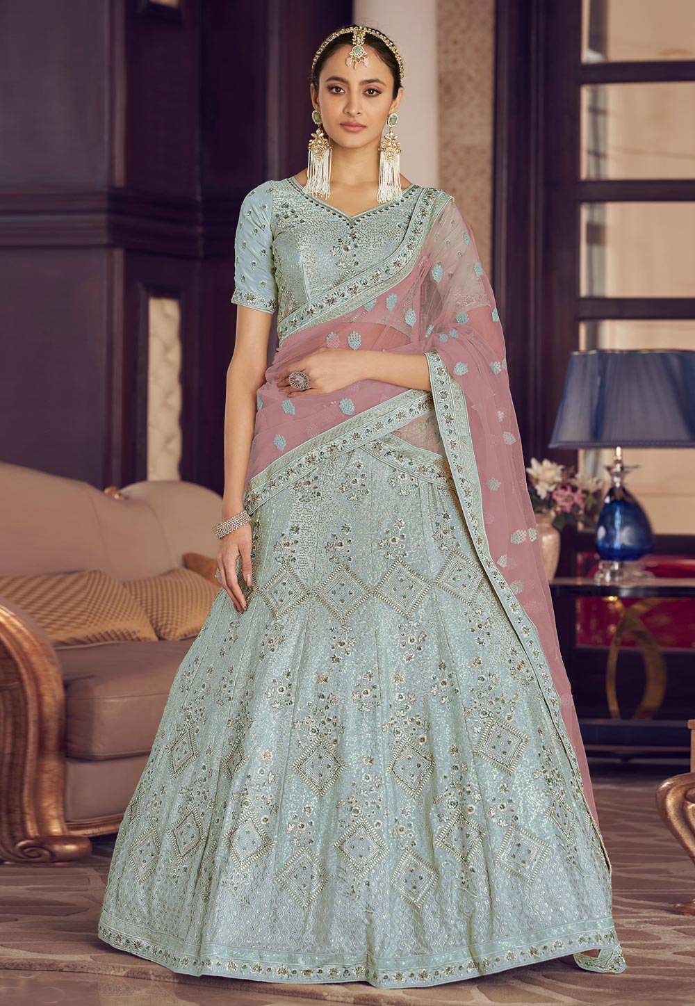 Sky Blue Crepe A Line Lehenga Choli 241922
