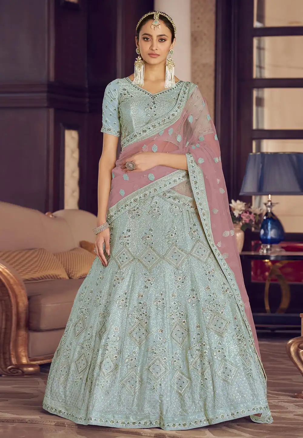 Sky Blue Crepe A Line Lehenga Choli 241922