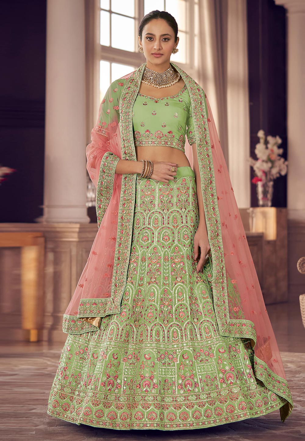 Pista Green Organza A Line Lehenga Choli 241924