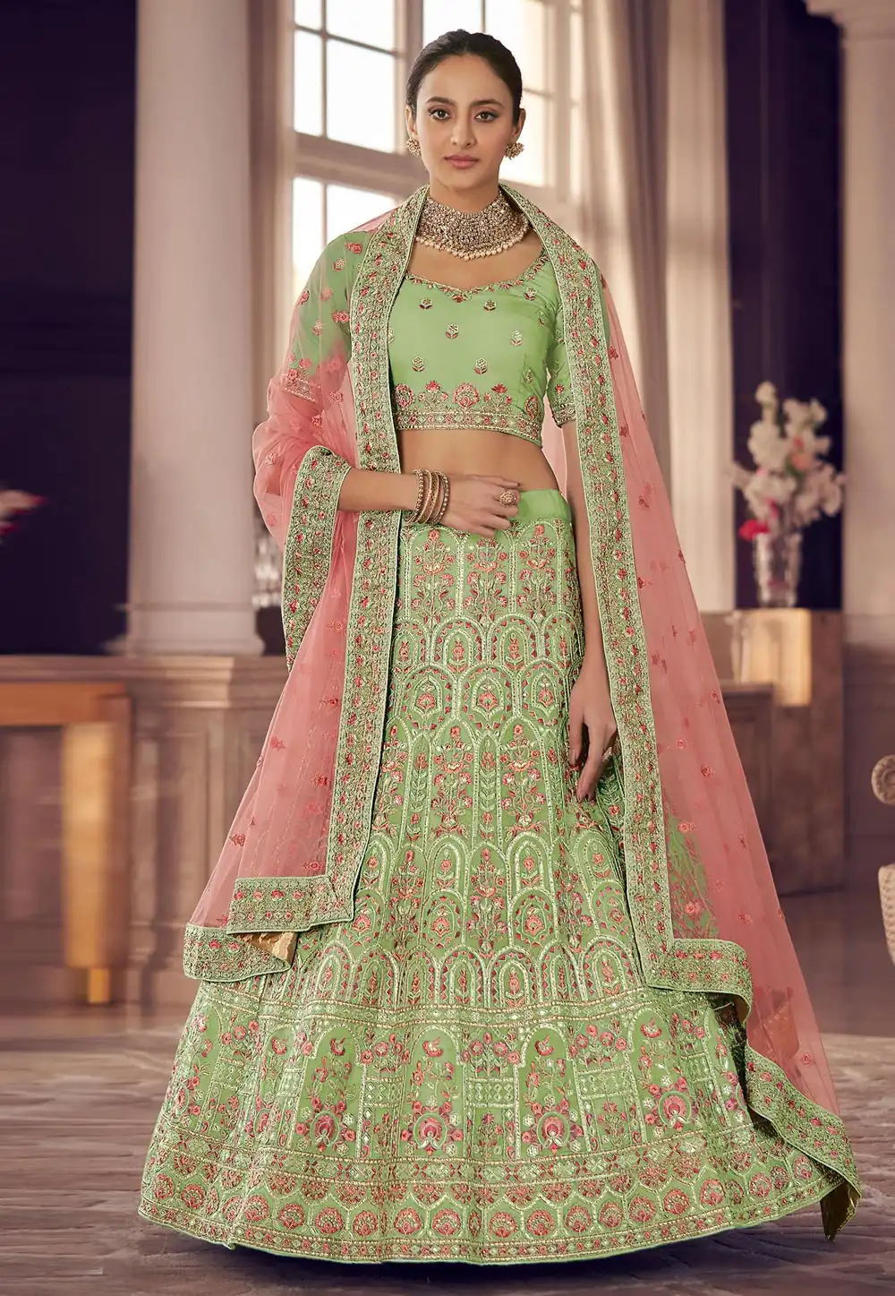 Pista Green Organza A Line Lehenga Choli 241924