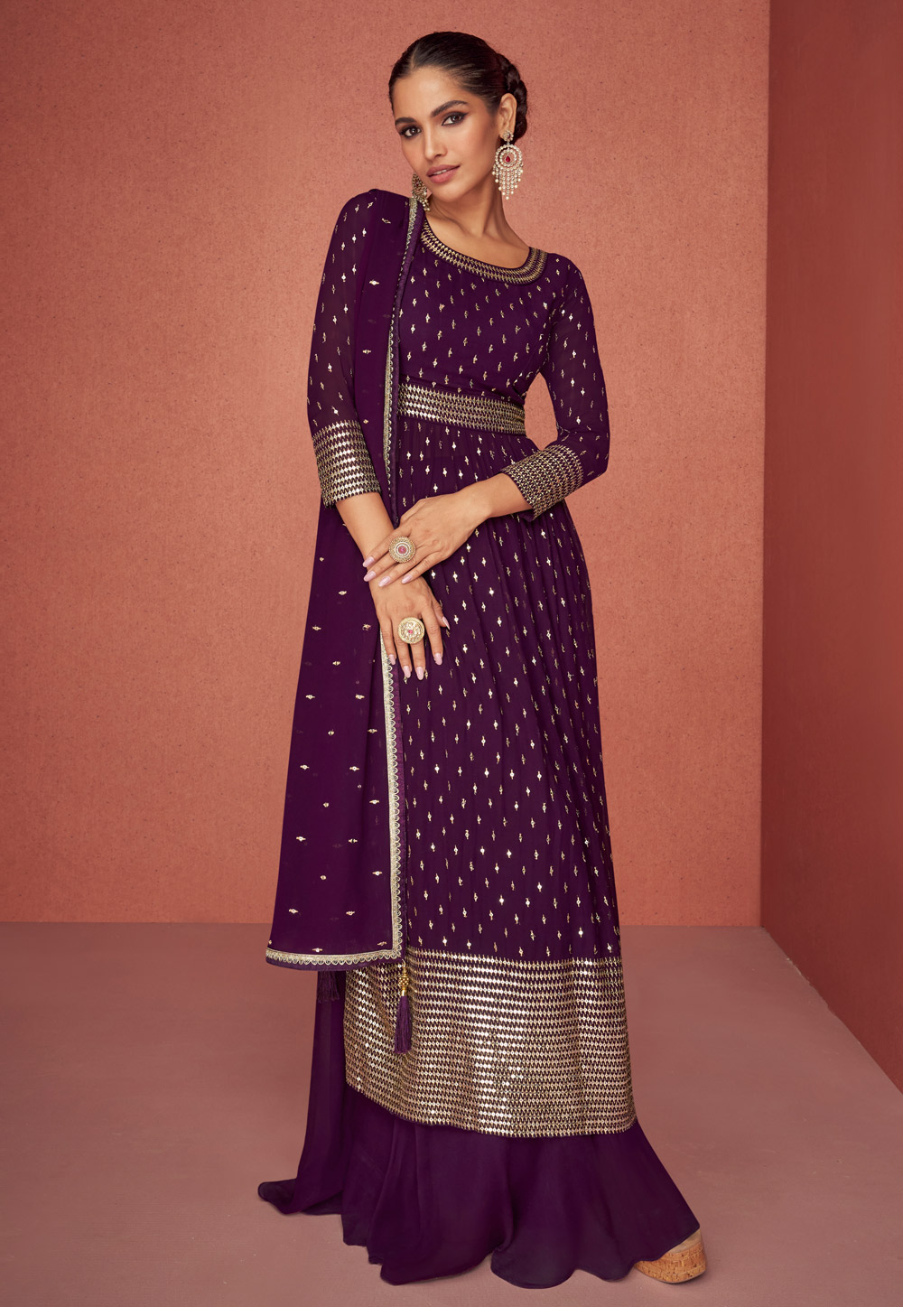 Purple Georgette Palazzo Suit 254766