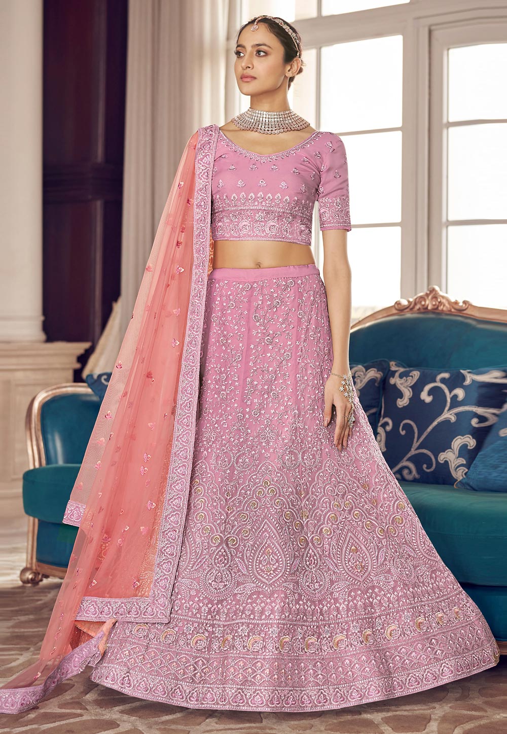 Pink Organza A Line Lehenga Choli 241927