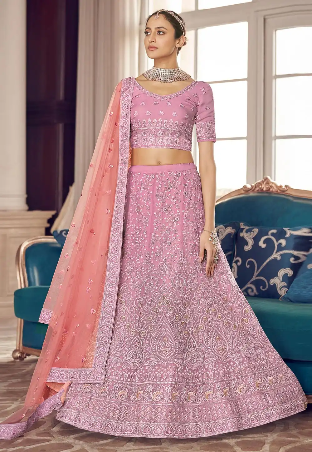 Pink Organza A Line Lehenga Choli 241927