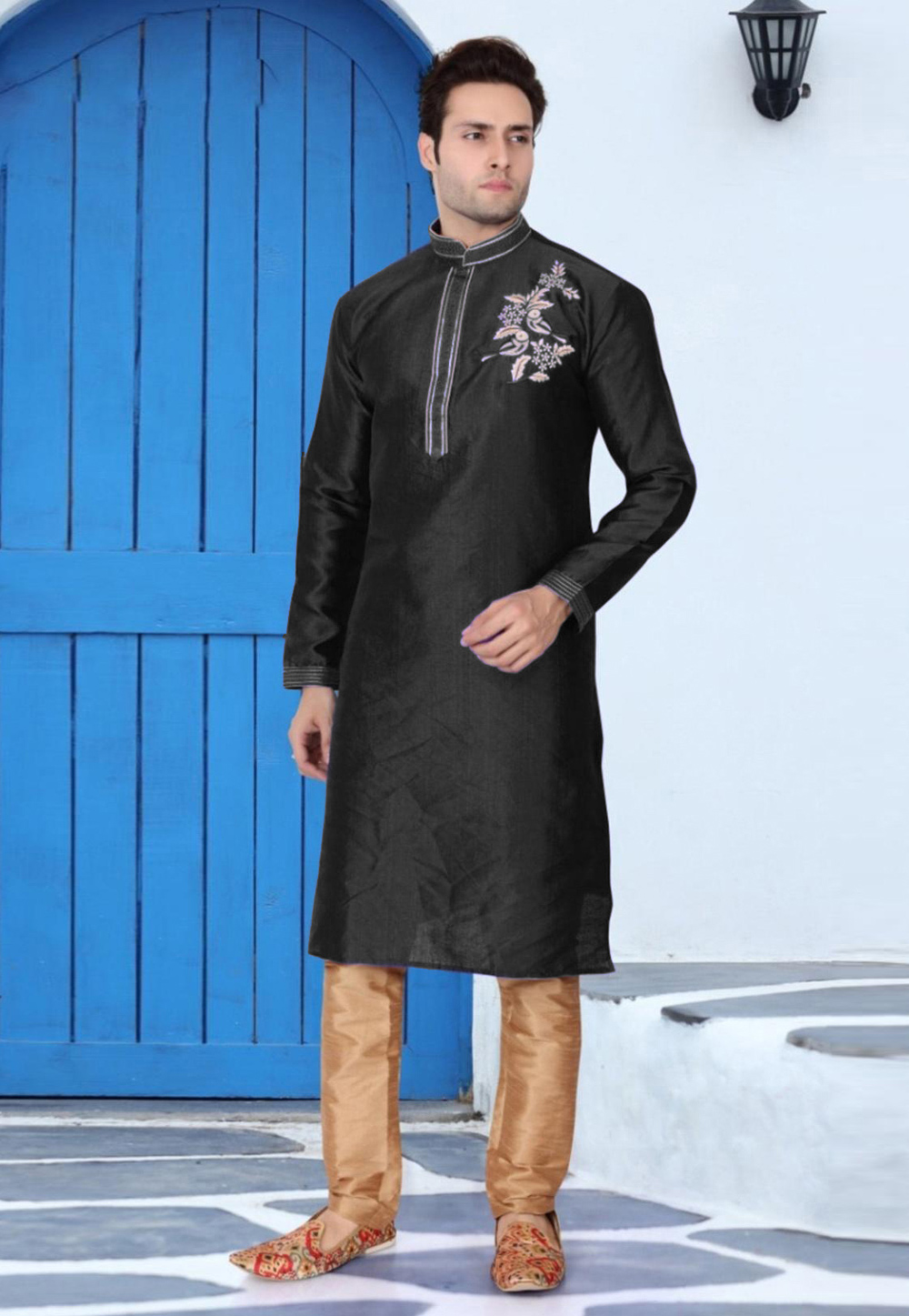 Black Dupion Silk Readymade Kurta Pajama 205881