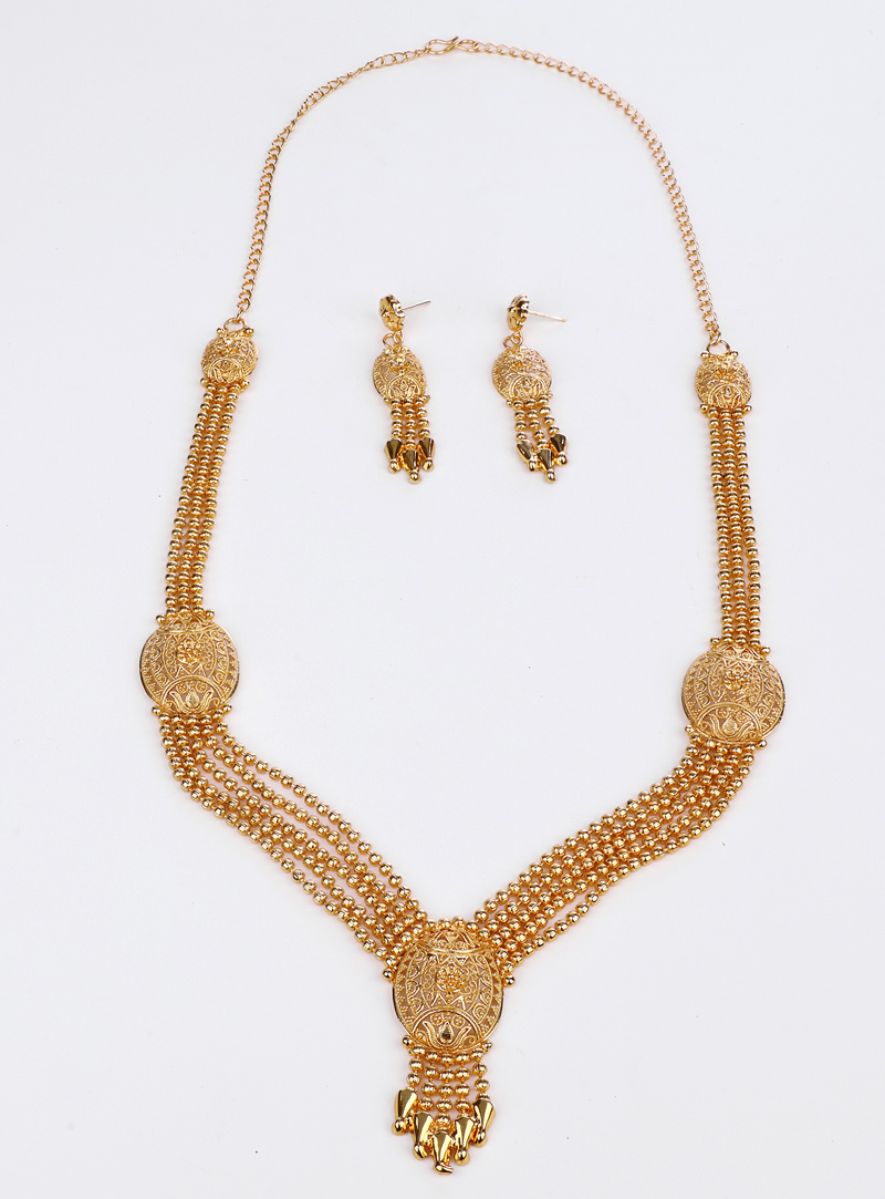 Golden Brass Necklace With Earrings 153184