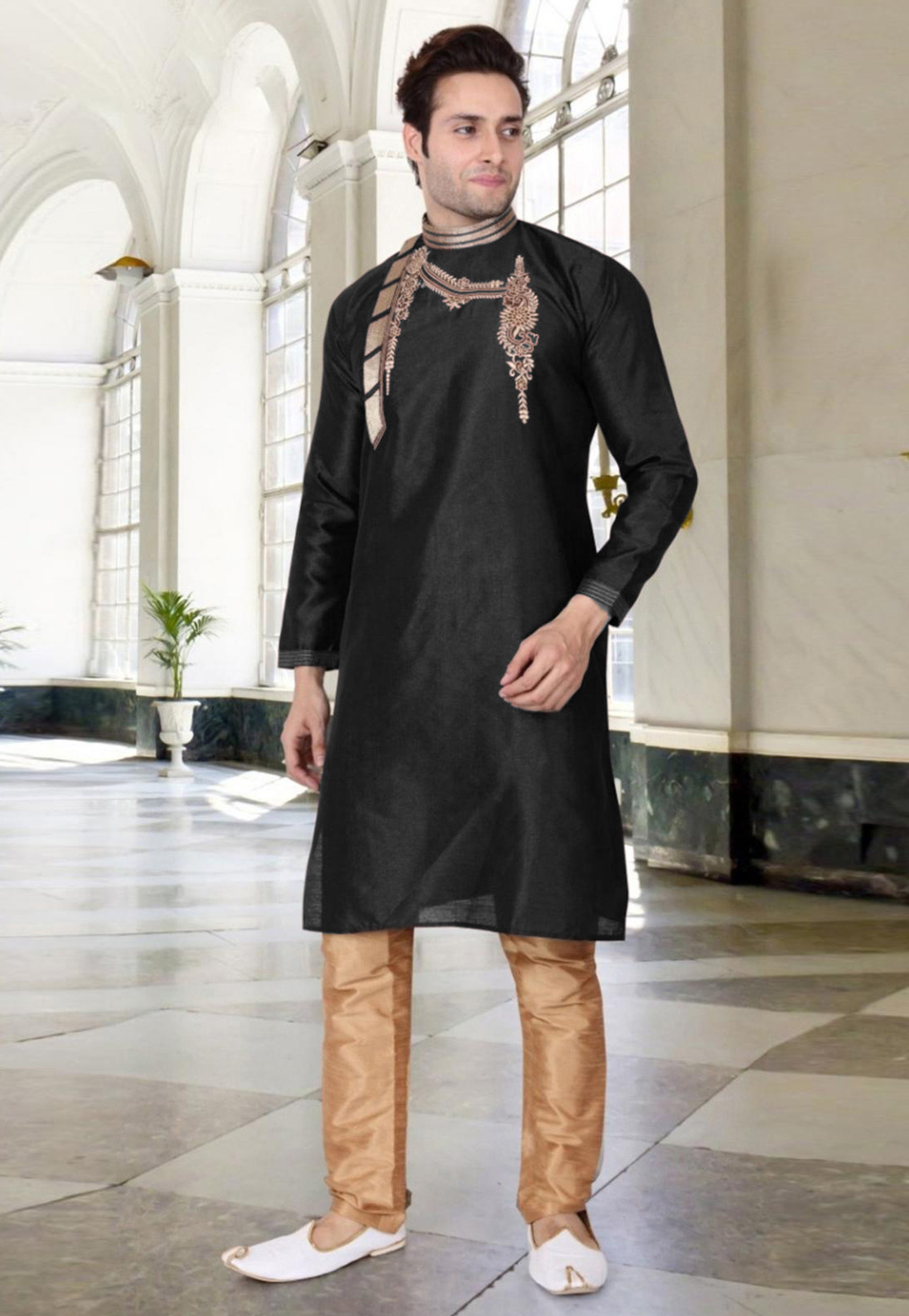 Black Dupion Silk Readymade Kurta Pajama 205882