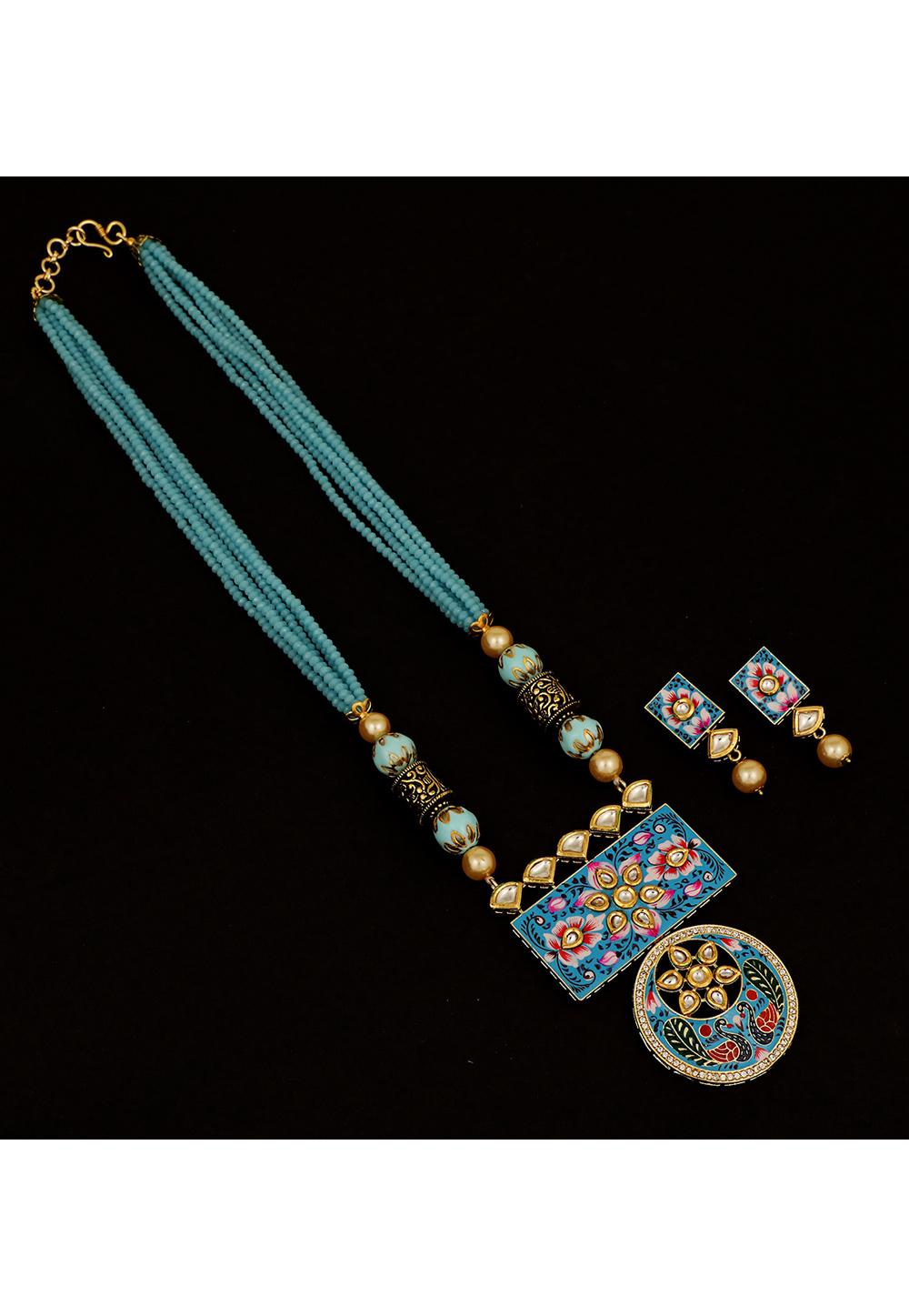 Sky Blue Brass Kundan Necklace Set With Earrings 161201