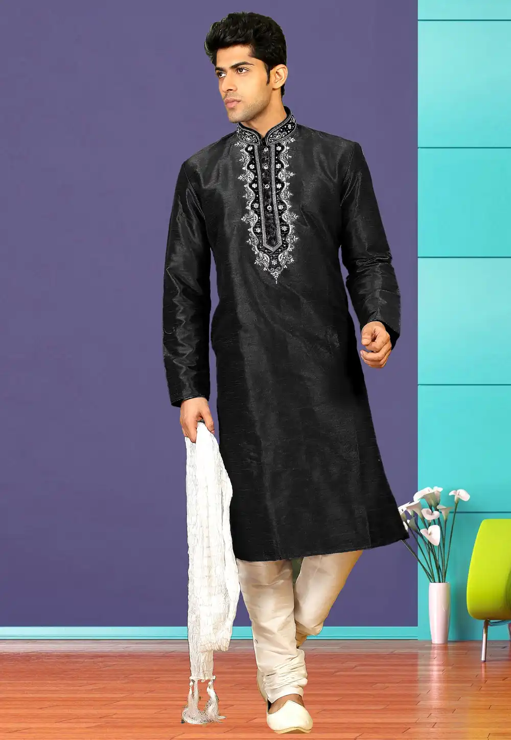 Black Dupion Silk Readymade Kurta Pajama 205883