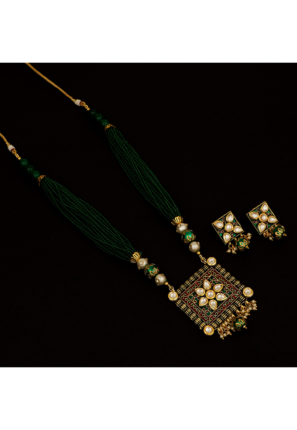 Green Brass Kundan Necklace Set With Earrings 161206