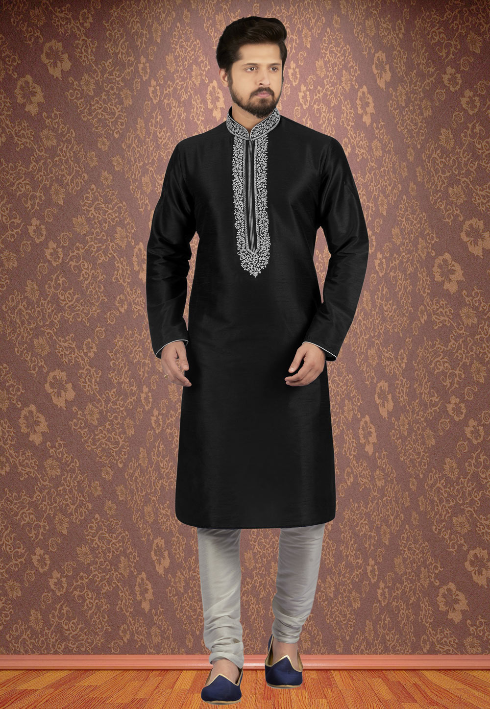 Black Dupion Silk Readymade Kurta Pajama 205884