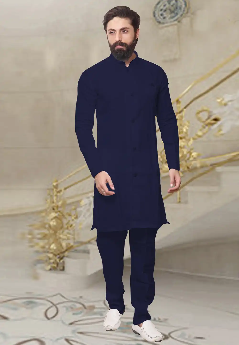 Navy Blue Banarasi Readymade Kurta Pajama 200684