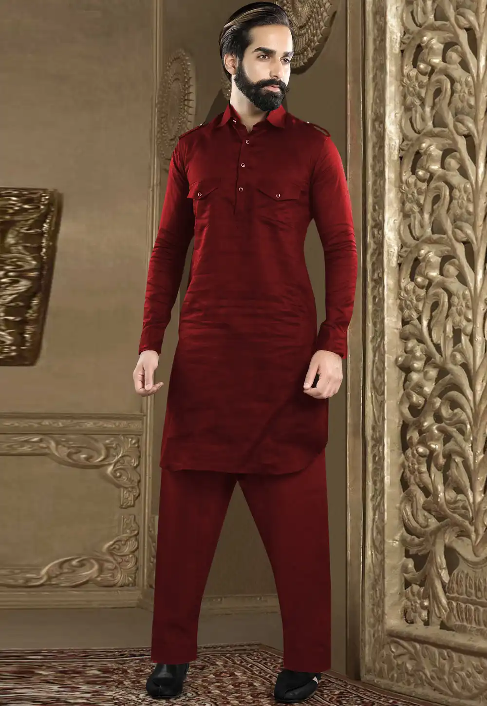 Maroon Banarasi Readymade Pathani Suit 200688