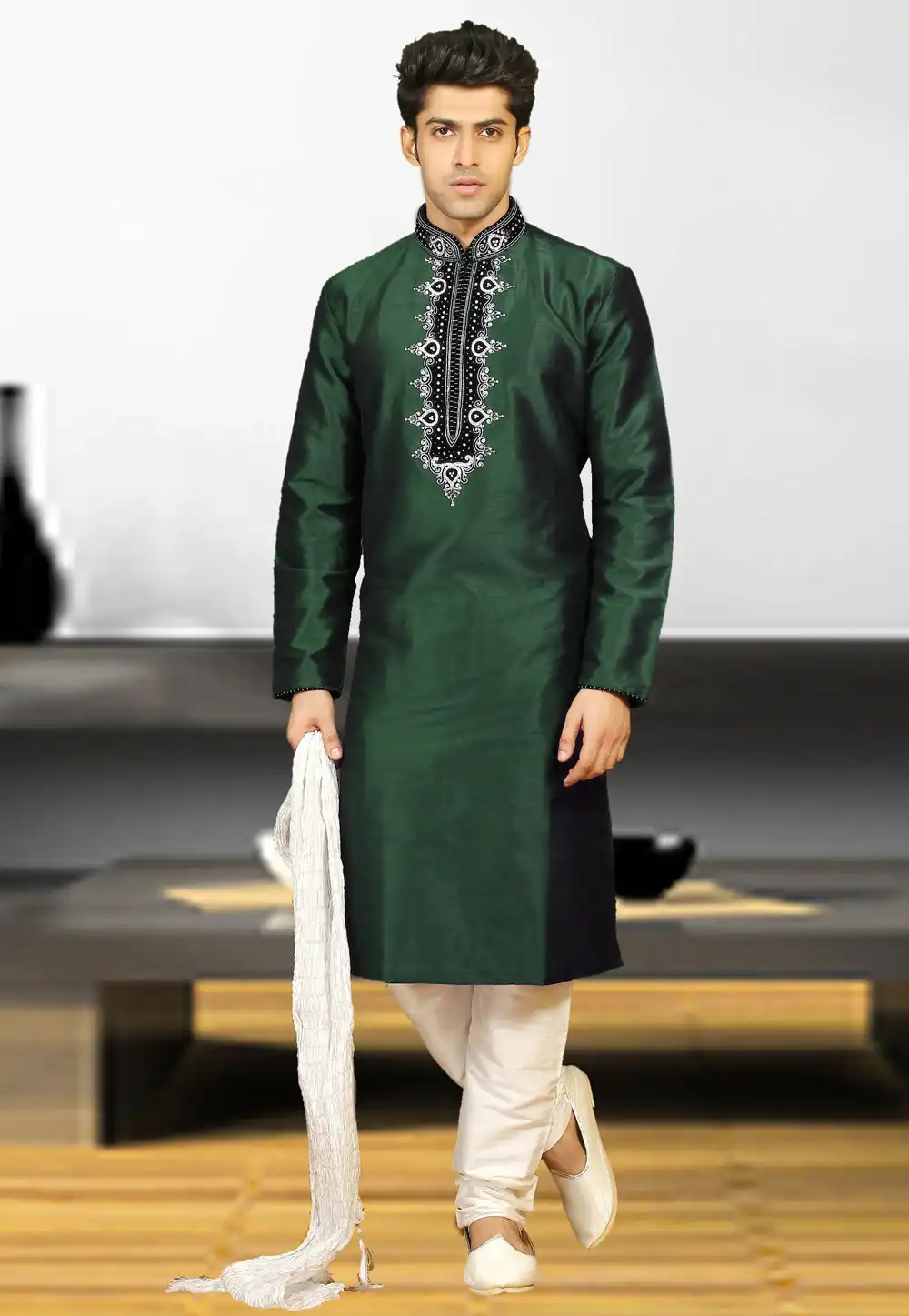 Green Dupion Silk Readymade Kurta Pajama 205885