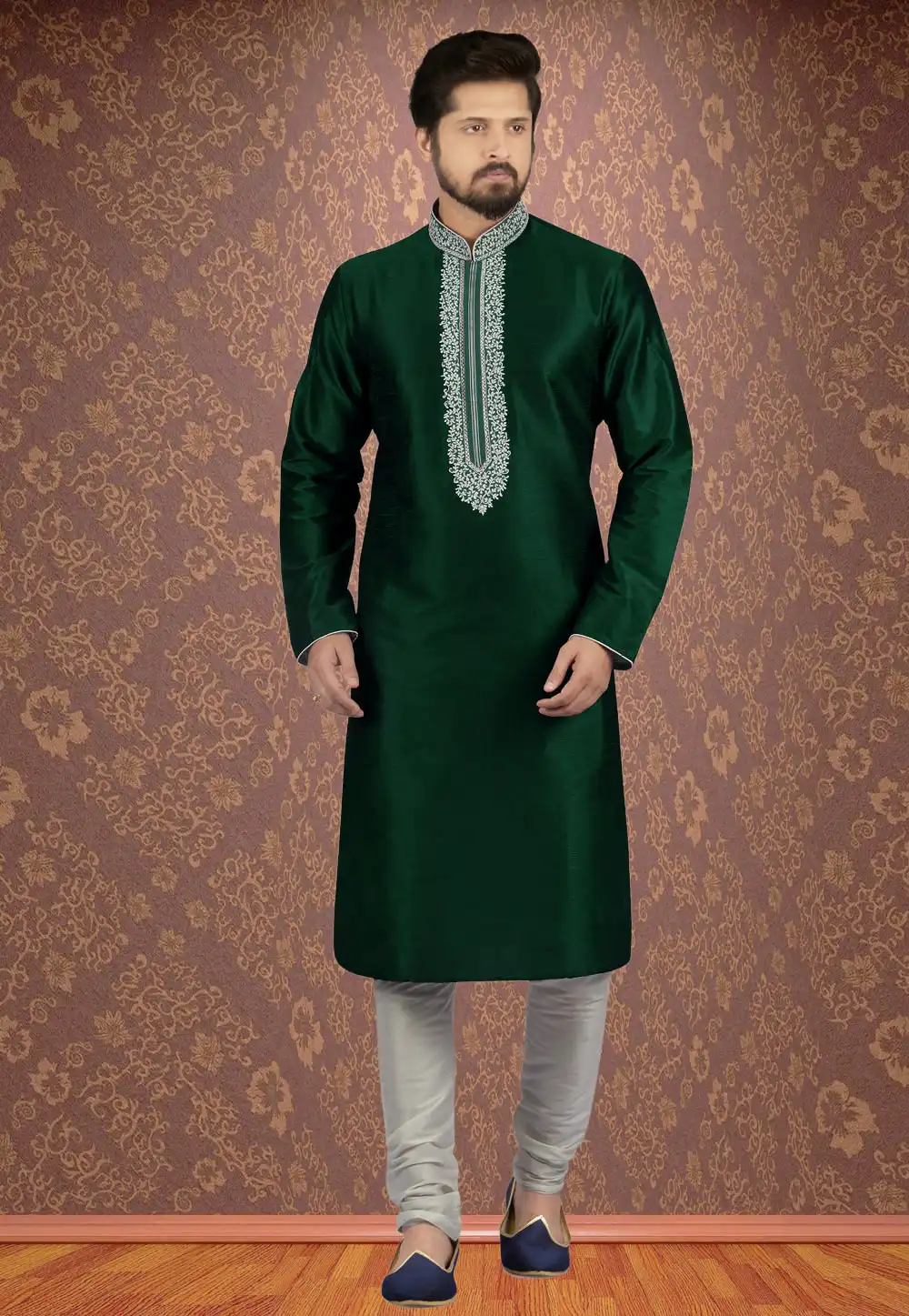 Green Dupion Silk Readymade Kurta Pajama 205886