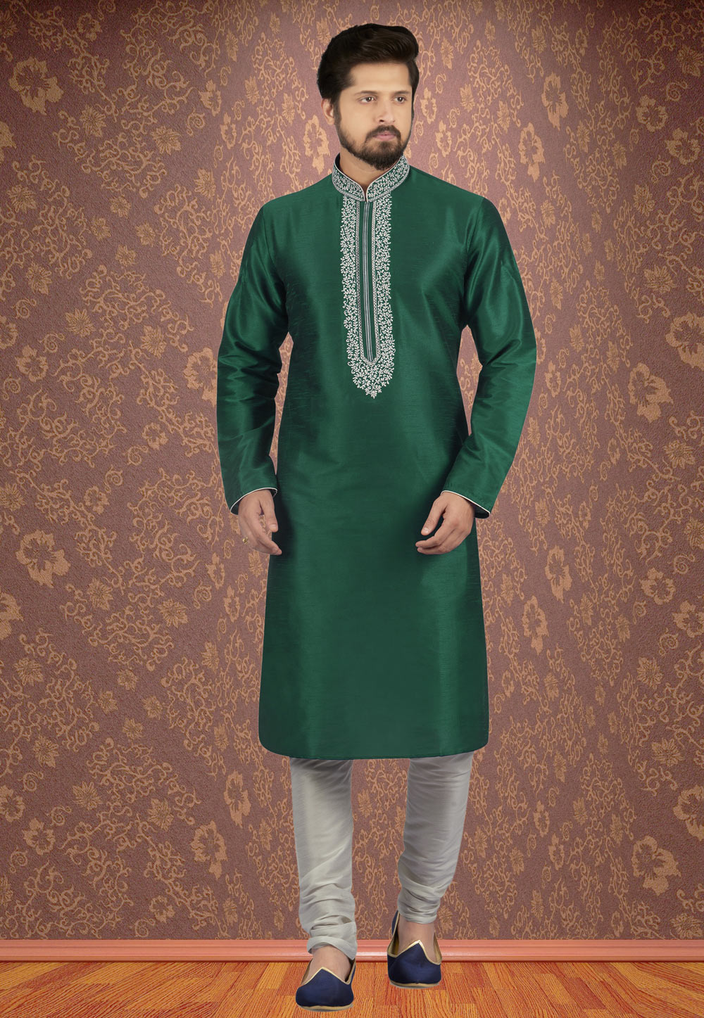 Green Dupion Silk Readymade Kurta Pajama 205886