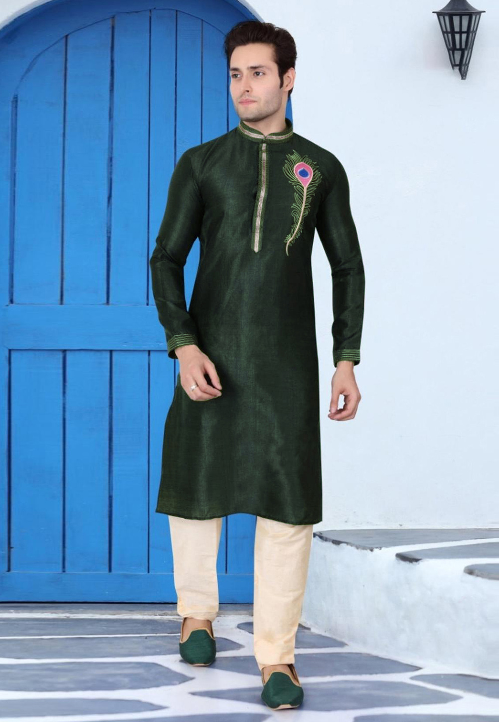 Green Dupion Silk Readymade Kurta Pajama 205887