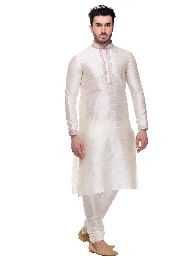 White Dupion Readymade Kurta Pajama 99125