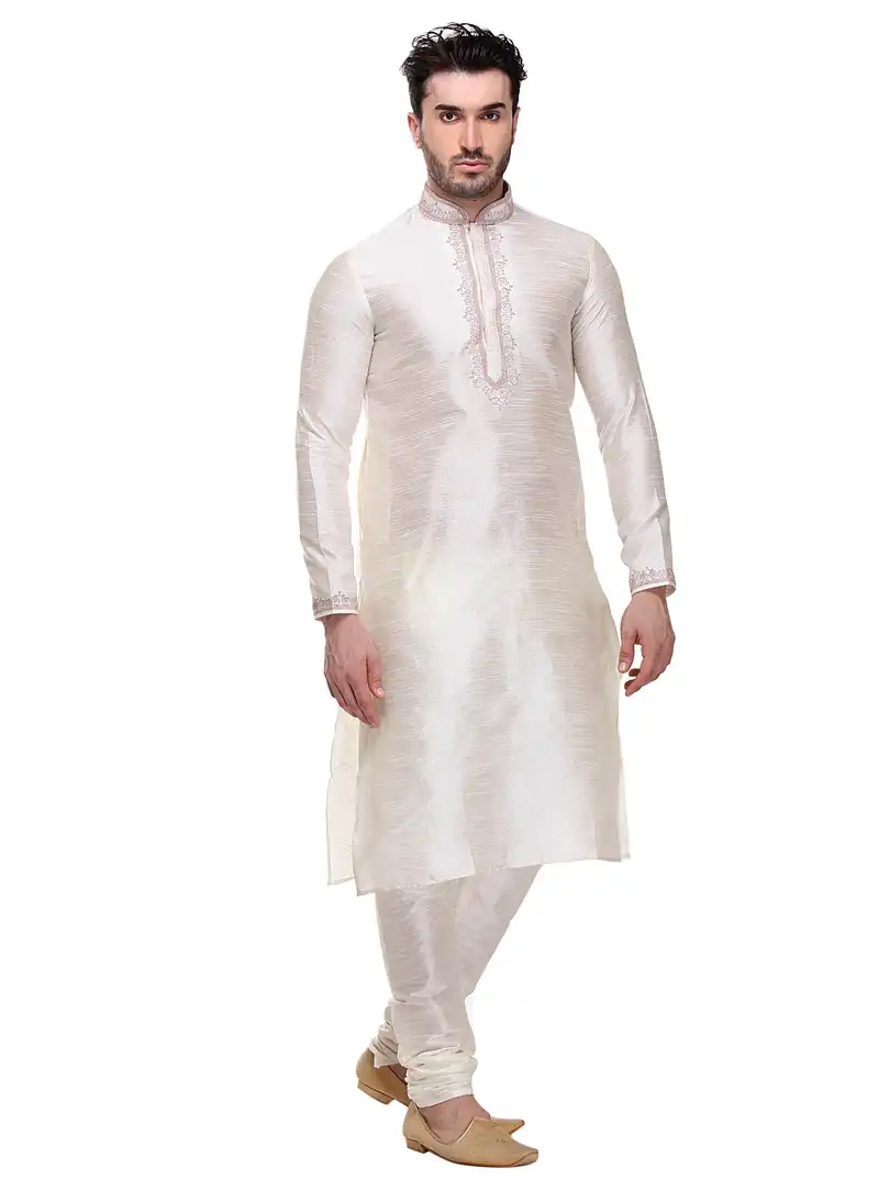 White Dupion Readymade Kurta Pajama 99125
