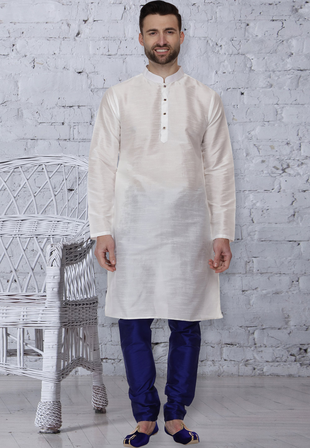 Off White Dupion Silk Readymade Kurta Pajama 160955