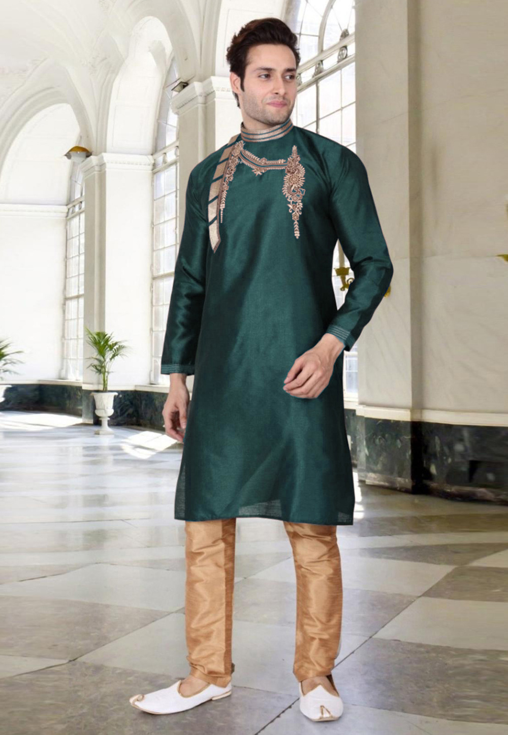Teal Dupion Silk Readymade Kurta Pajama 205888