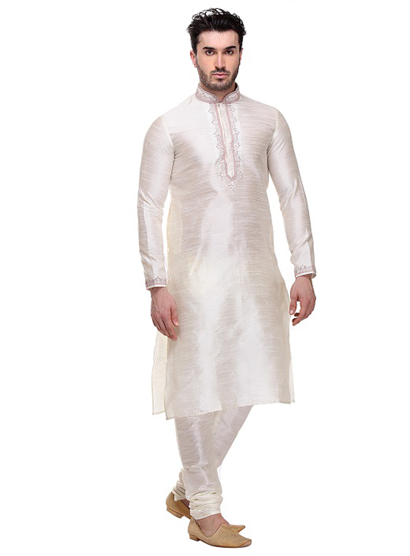 White Dupion Readymade Kurta Pajama 99126