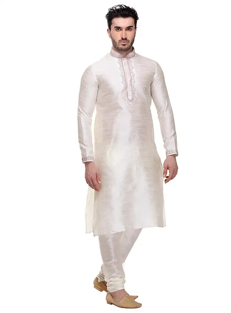 White Dupion Readymade Kurta Pajama 99126