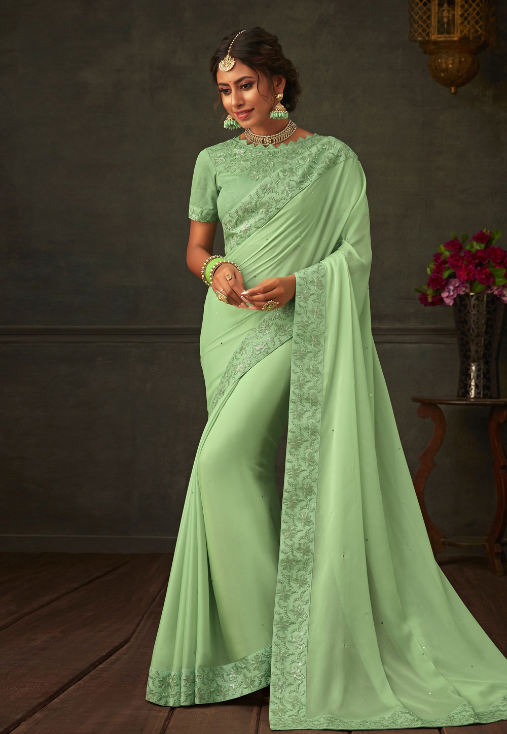 Light Green Poly Silk Festival Wear Saree 201179