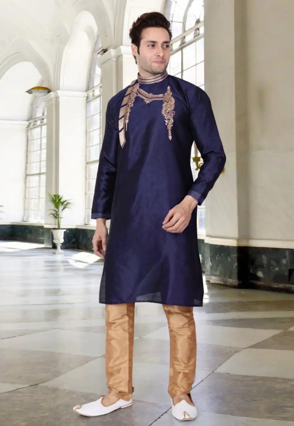 Navy Blue Dupion Silk Readymade Kurta Pajama 205889