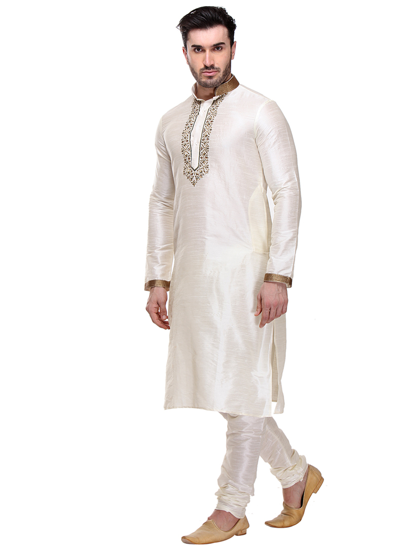 White Dupion Readymade Kurta Pajama 99127
