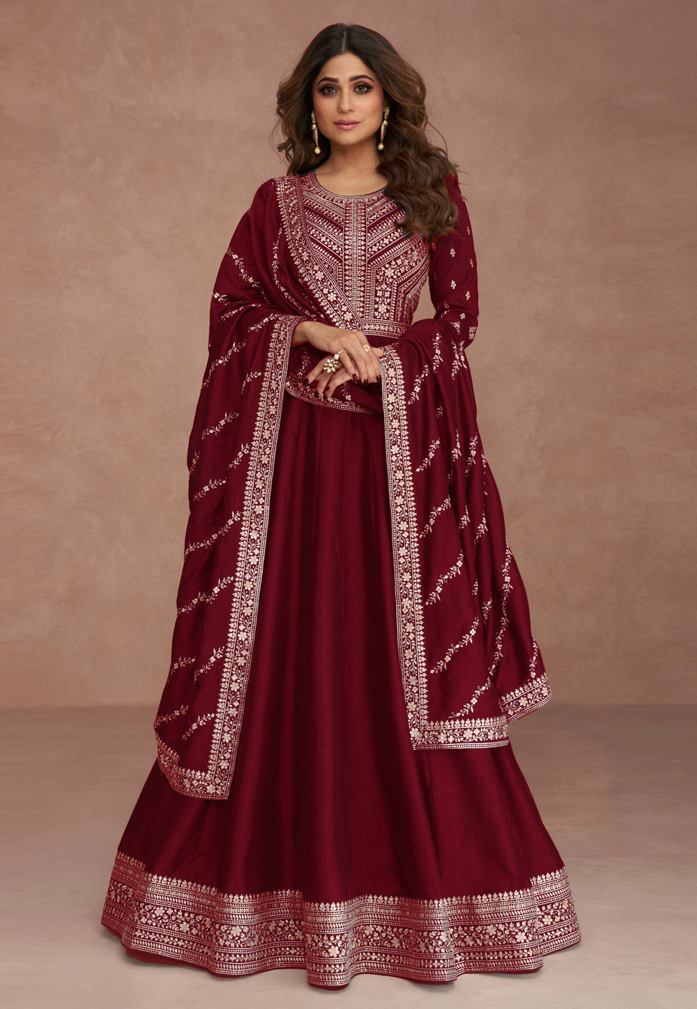 Shamita Shetty Wine Silk Long Anarkali Suit 265124