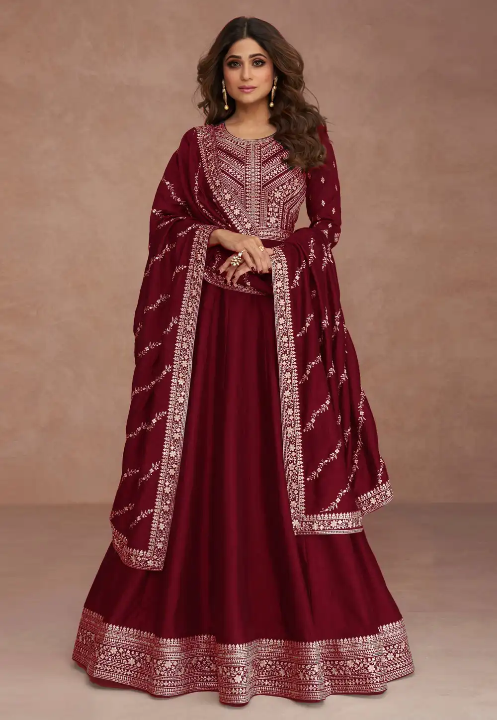 Shamita Shetty Wine Silk Long Anarkali Suit 265124